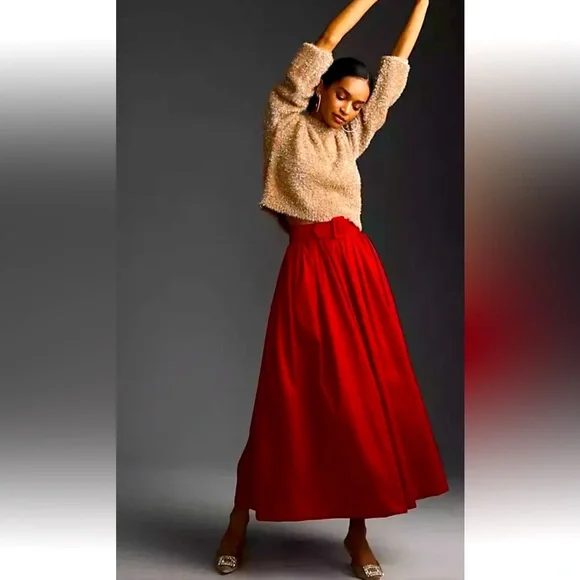 NWT Anthropologie Maeve Belted Maxi Red A-Line Skirt - Picture 2 of 8